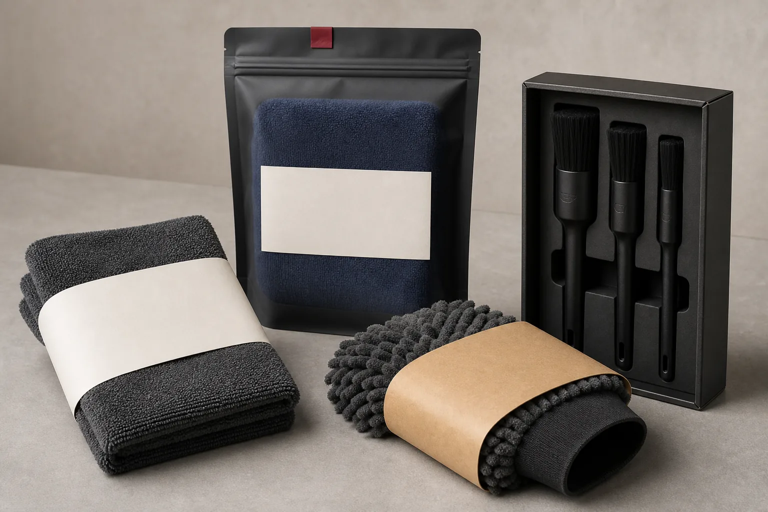 Private-label packaging options for microfiber towels, brushes and wash mitts